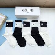 Celine Embroidered Mid-Calf Socks - 5 Pairs