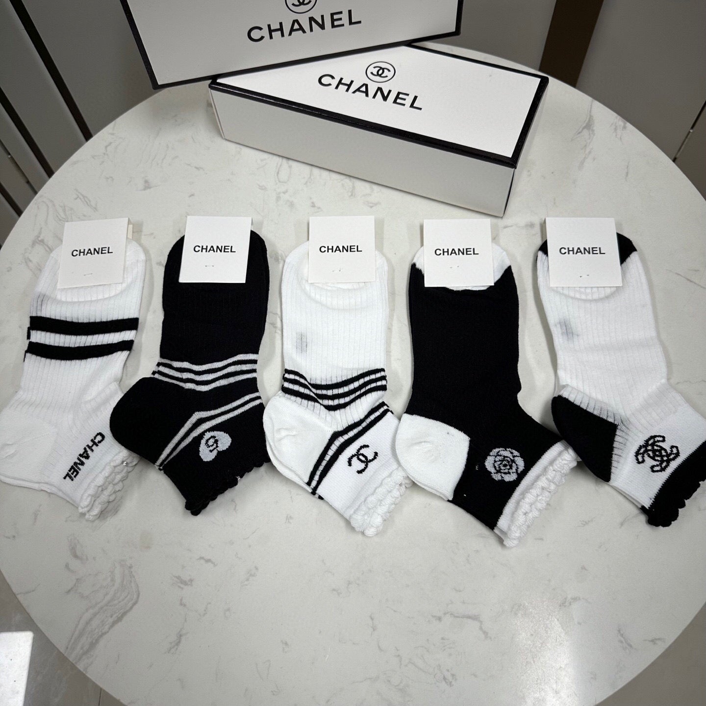CHANEL Women's Jacquard Logo Socks - 5 Pairs Box Set