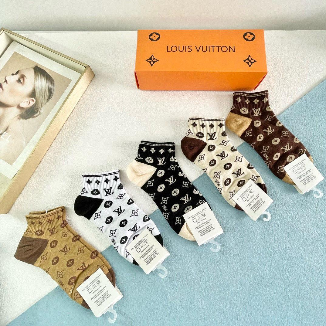 Louis Vuitton Women's Designer Short Socks - 5 Pairs