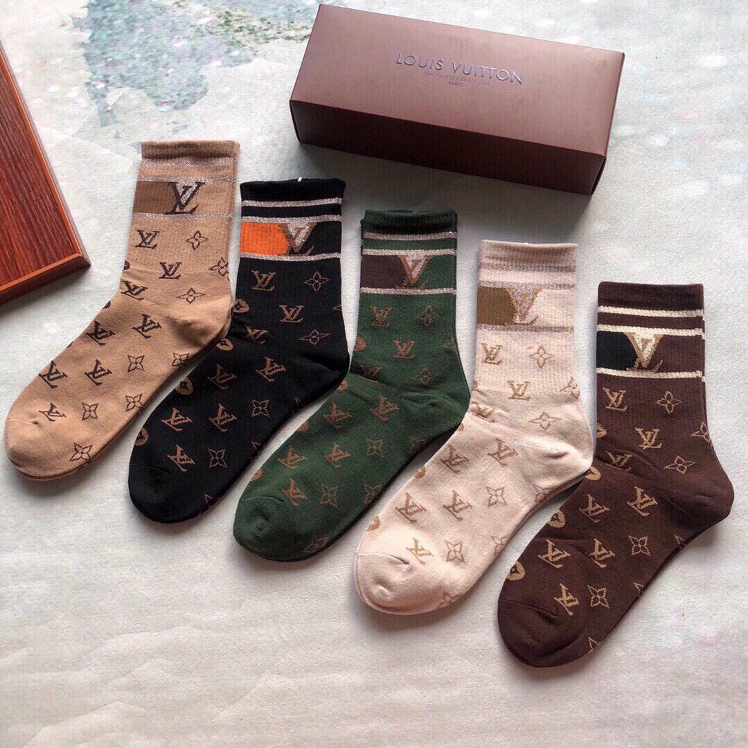 Classic Louis Vuitton Women's Mid-Calf Cotton Socks - 5 Pairs Box