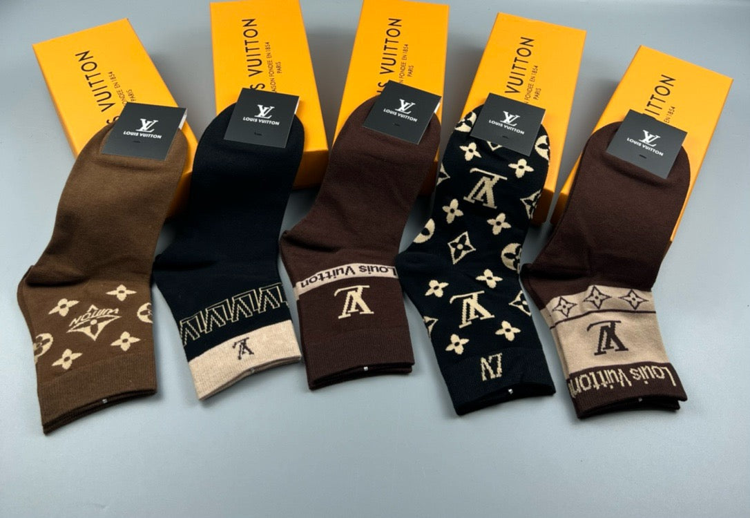 Louis Vuitton Inspired Cotton Socks - Set of 5 Pairs