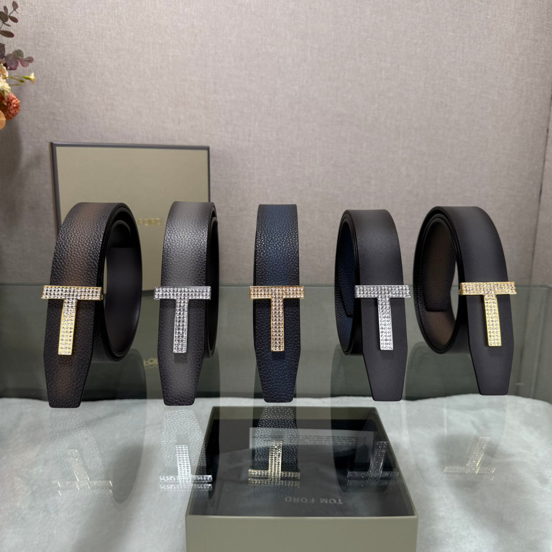 Tom Ford Double-Sided Genuine Cowhide Belt with Copper Buckles