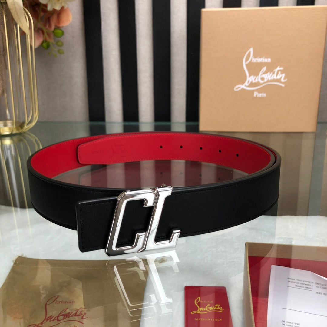 Christian Louboutin Men's Black Double-Sided Cowhide Belt with Signature Logo Buckle