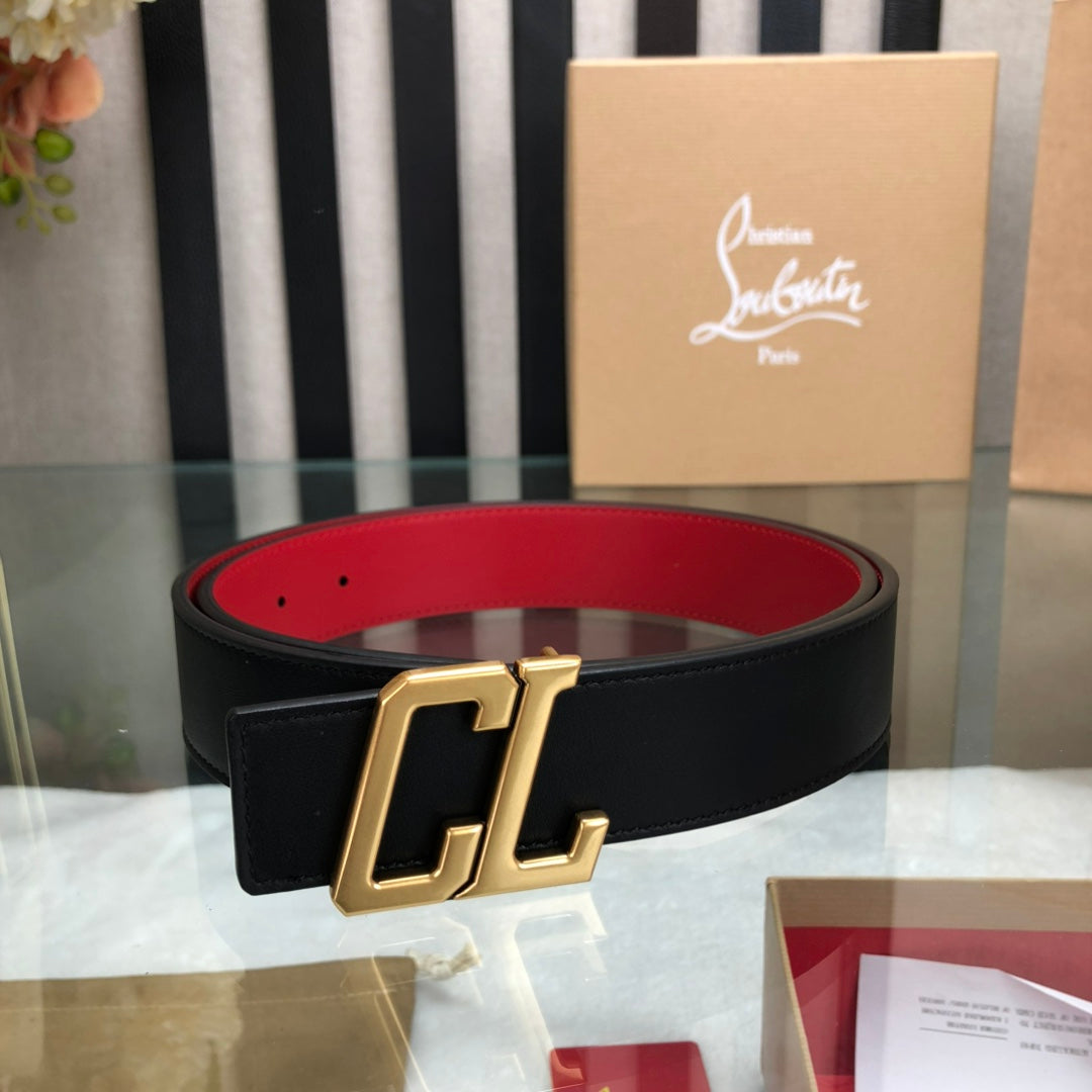 Christian Louboutin Men's Black Double-Sided Cowhide Belt with Ricky Logo Buckle