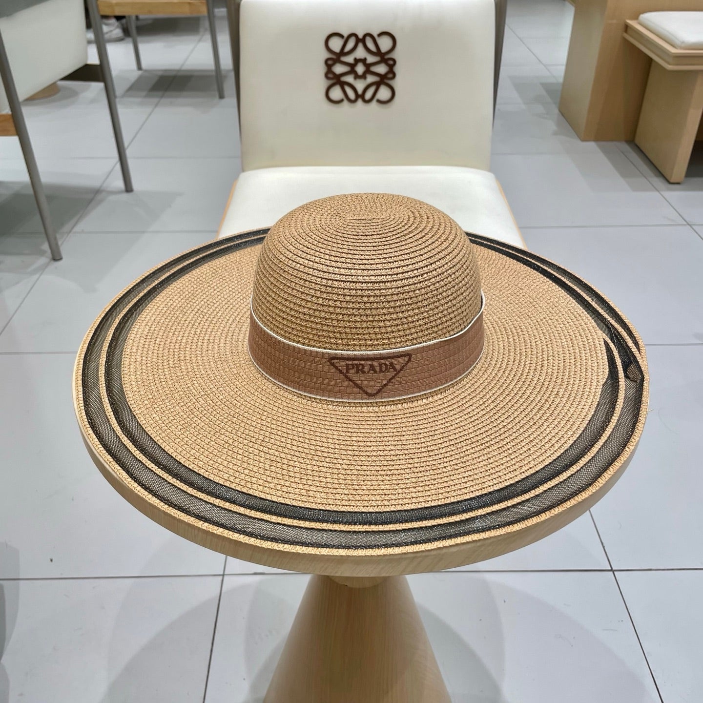 Prada Large Brim Straw Flat Top Hat - 57cm