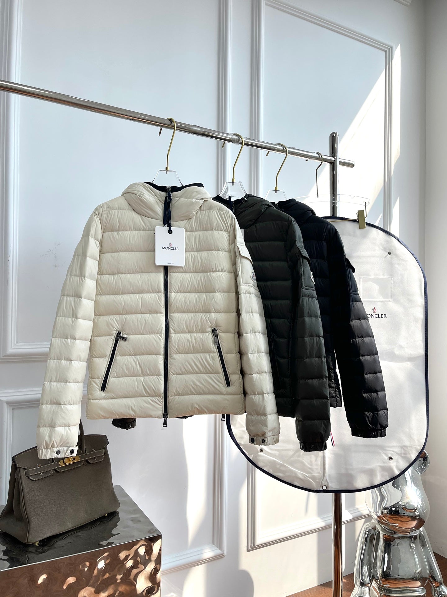 Moncler Bles Slim Fit Hooded Down Jacket in Off-White