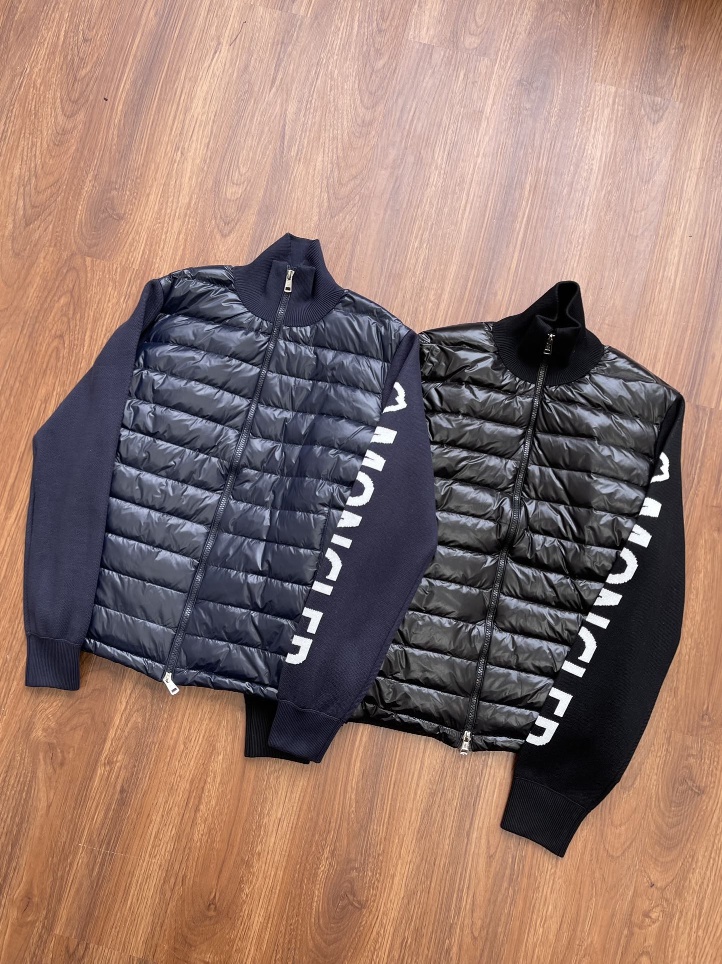 Moncler Men's Navy Blue Pilot Collar Down Jacket - Logo Knit Stitching