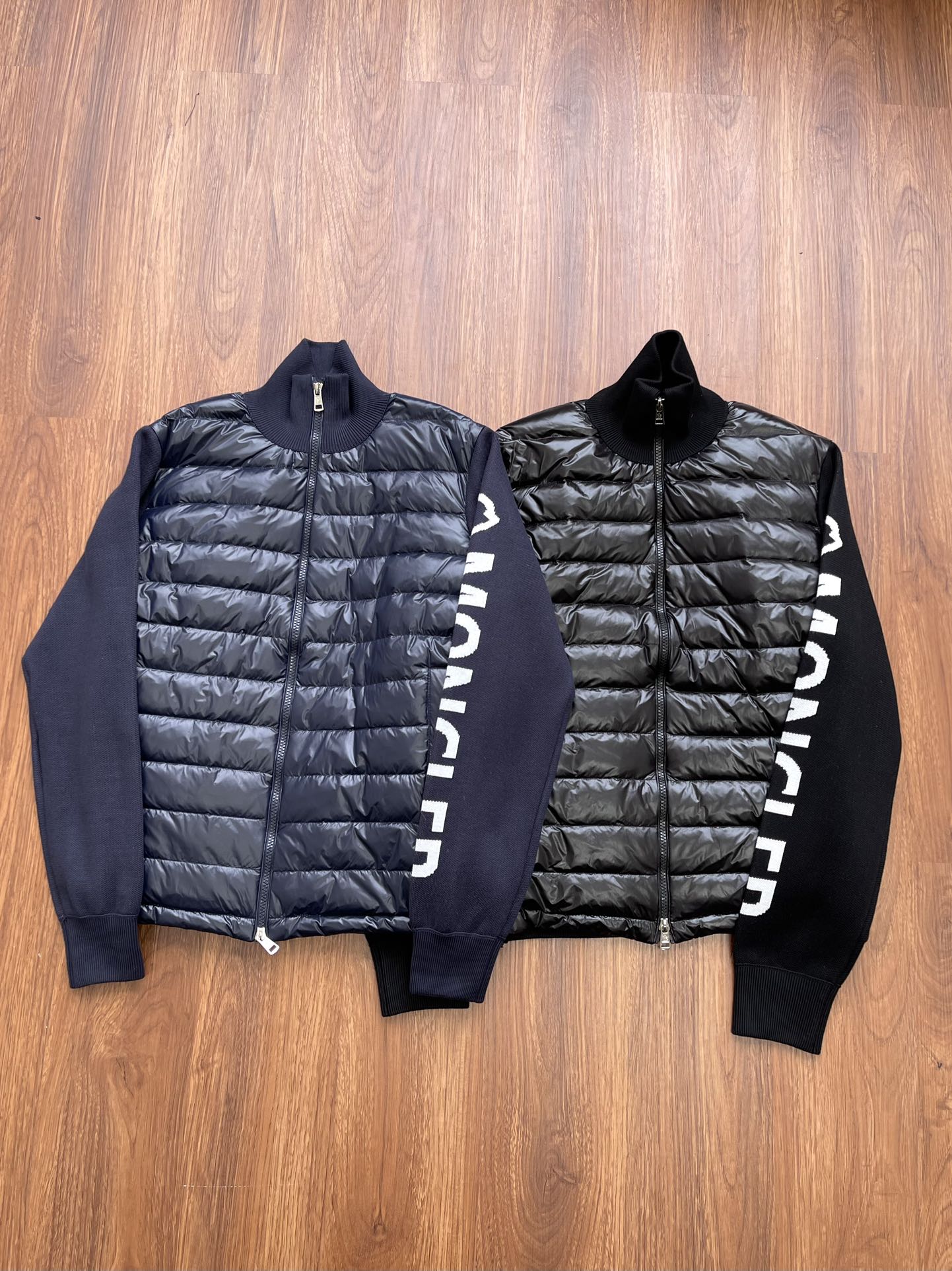 Moncler Men's Navy Blue Pilot Collar Down Jacket - Logo Knit Stitching