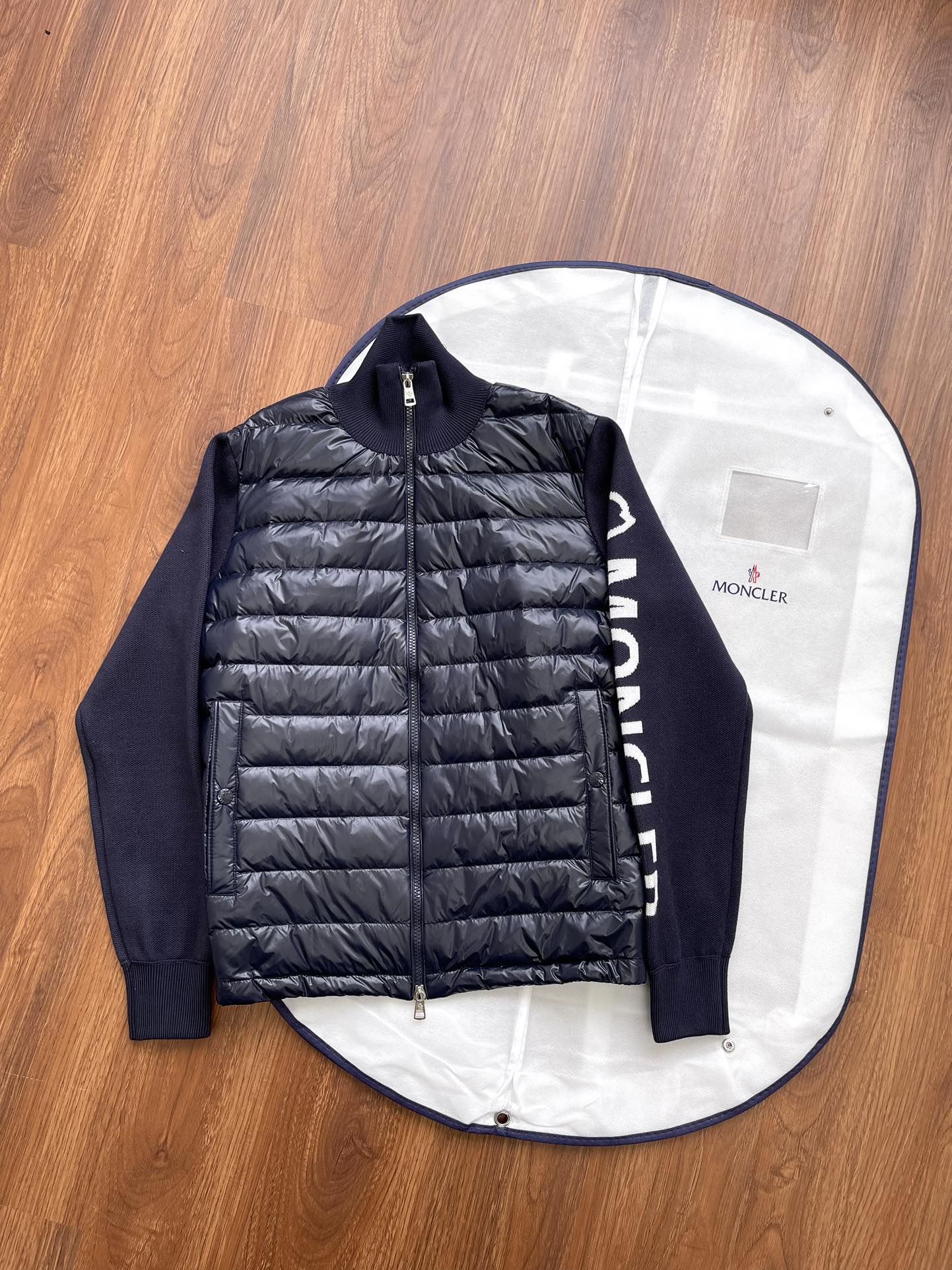Moncler Men's Pilot Collar Knitted Logo Down Jacket - Navy Blue