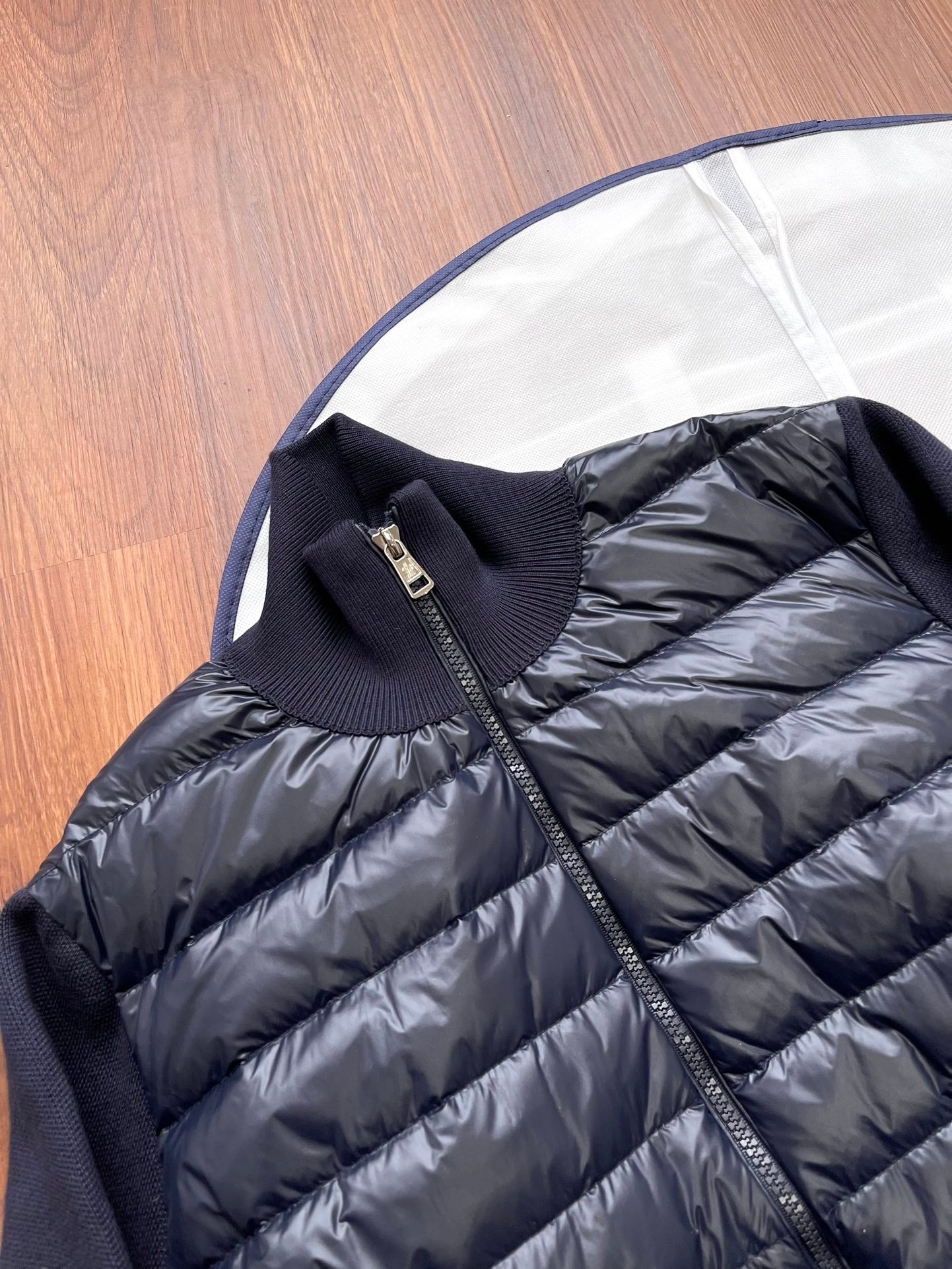 Moncler Men's Pilot Collar Knitted Logo Down Jacket - Navy Blue