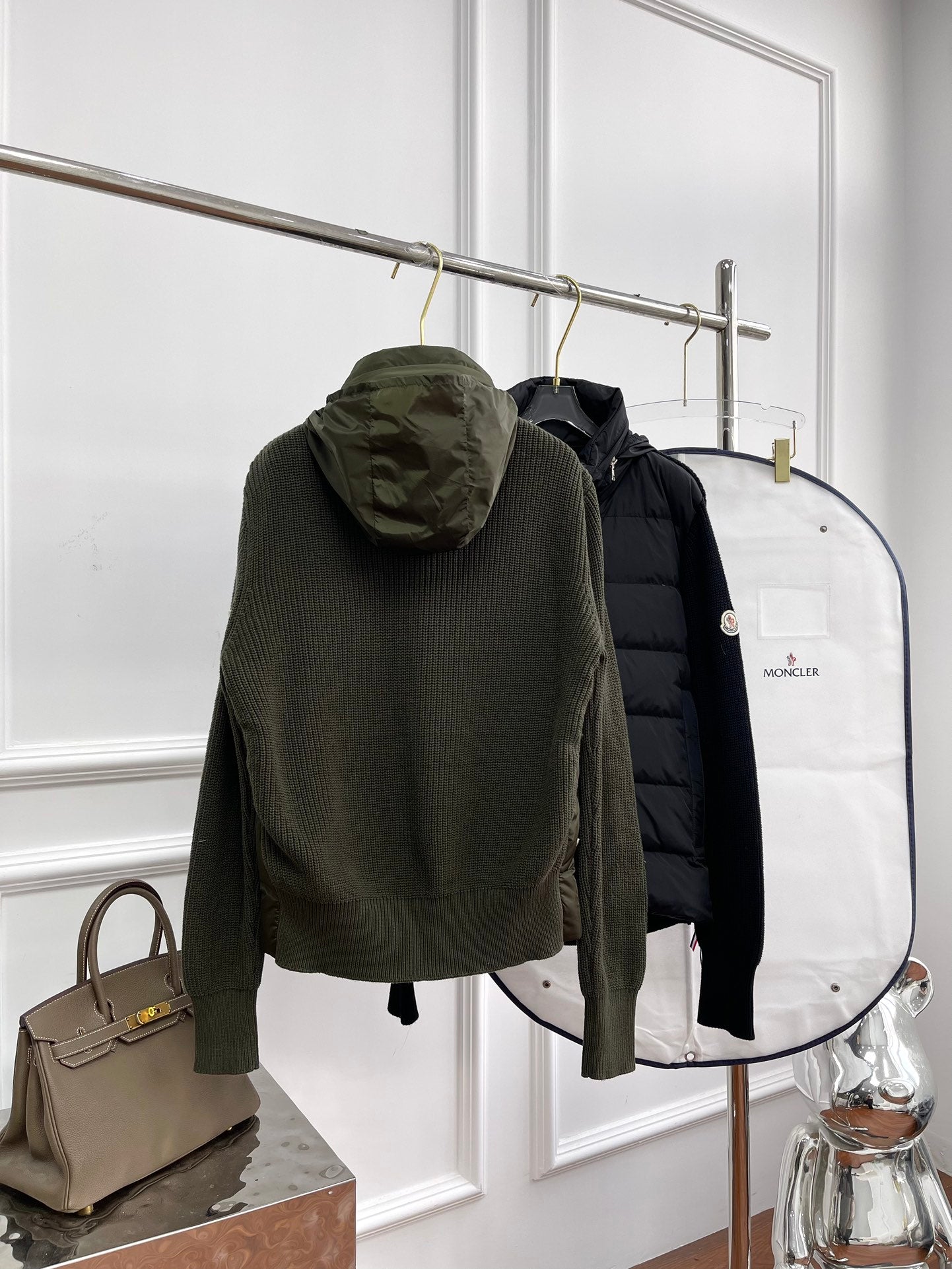 Moncler Knitted Splicing Down Jacket with Hidden Hood - Available in Retro Green & Black