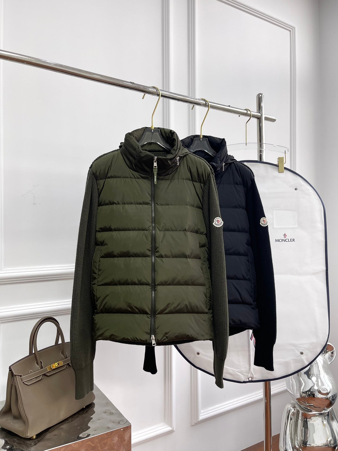 Moncler Knitted Splicing Down Jacket with Hidden Hood - Available in Retro Green & Black