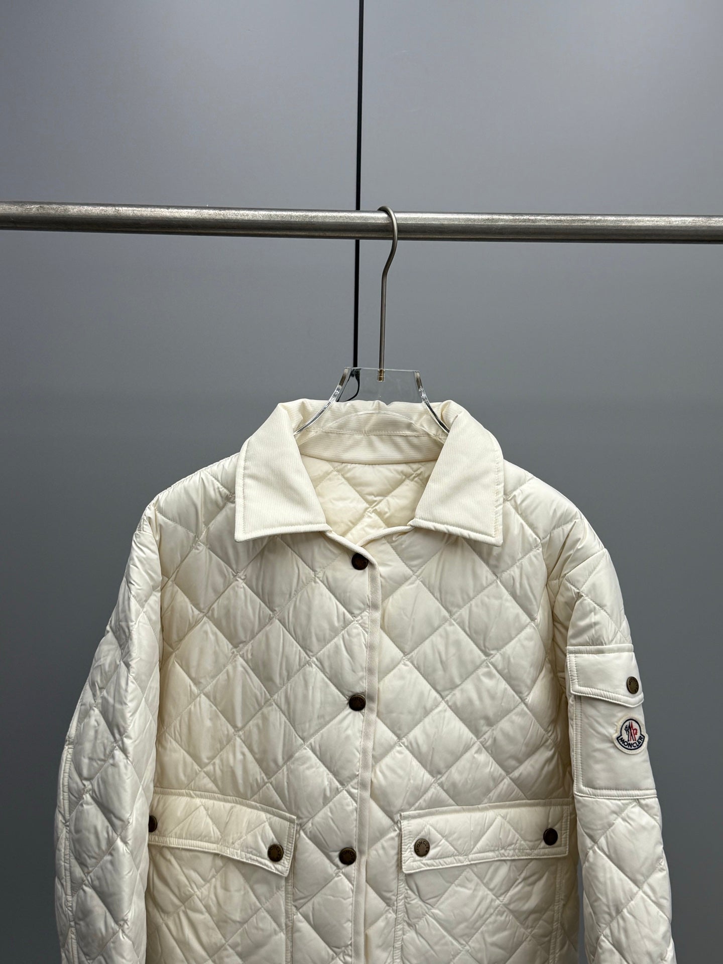 ** Moncler Women's Diamond Quilted Down Jacket â€“ Stylish Shirt Collar Design

**