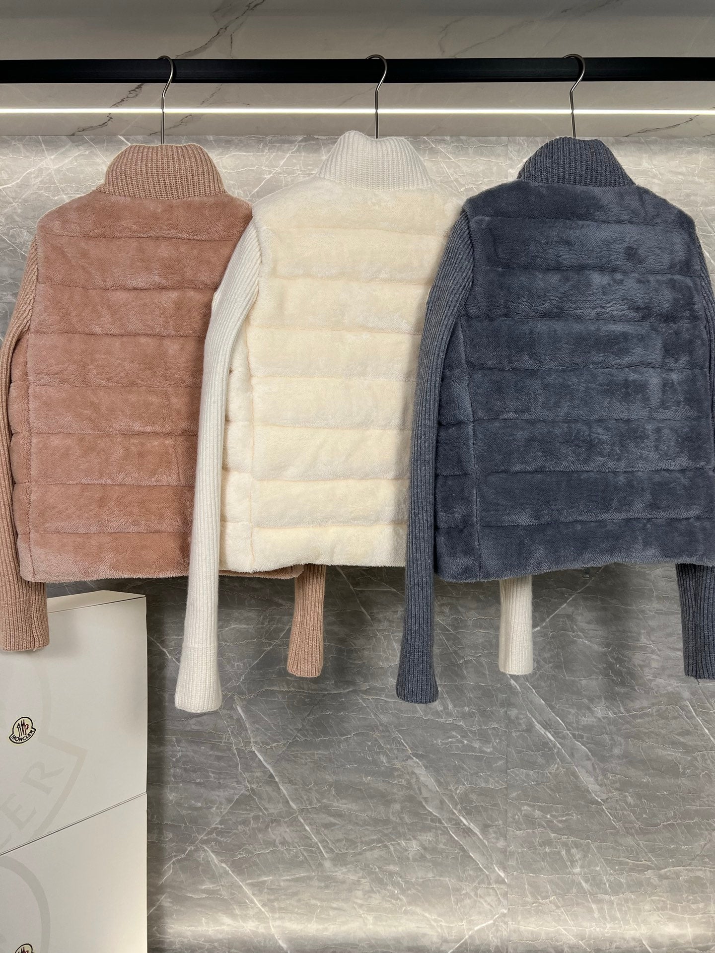 Moncler Mouth 25 Teddy Furry Spliced Down Jacket in Off-White, Pink, and Gray