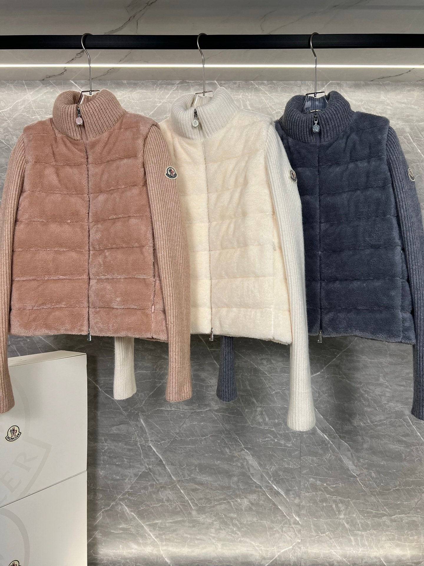 Moncler Mouth 25 Teddy Furry Spliced Down Jacket in Off-White, Pink, and Gray