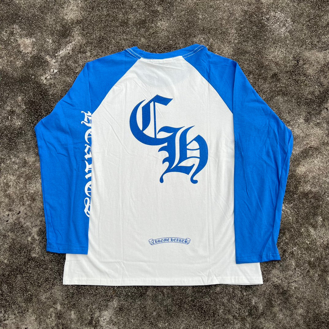 Chrome Hearts Black & White Raglan Long Sleeve T-Shirt with Sanskrit Design