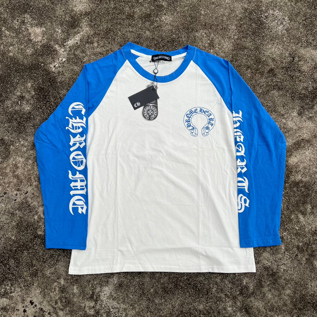 Chrome Hearts Black & White Raglan Long Sleeve T-Shirt with Sanskrit Design