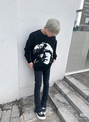 Unisex Black Five-Pointed Star Portrait Crew Neck Sweater