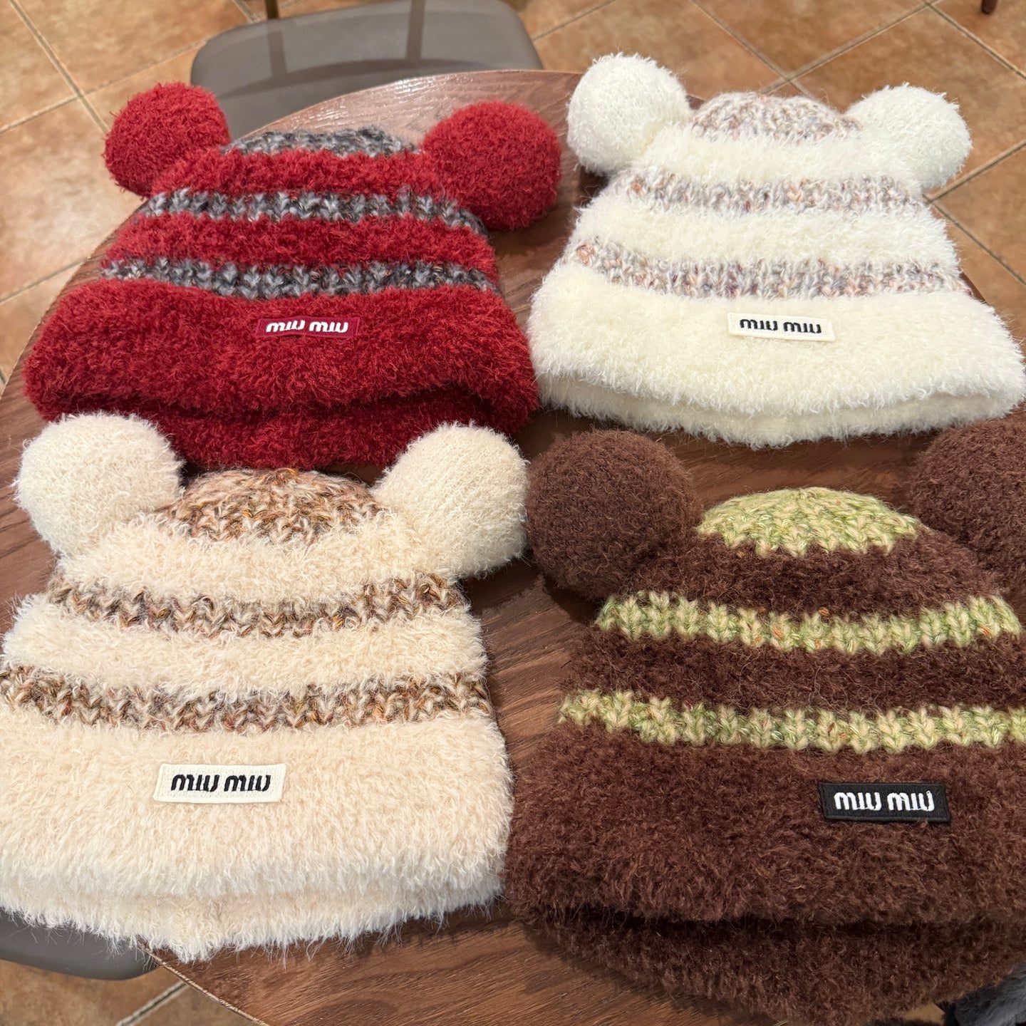 Miu Miu Cute Bear Ears Knitted Beanie - Coldproof Striped Plush Hat