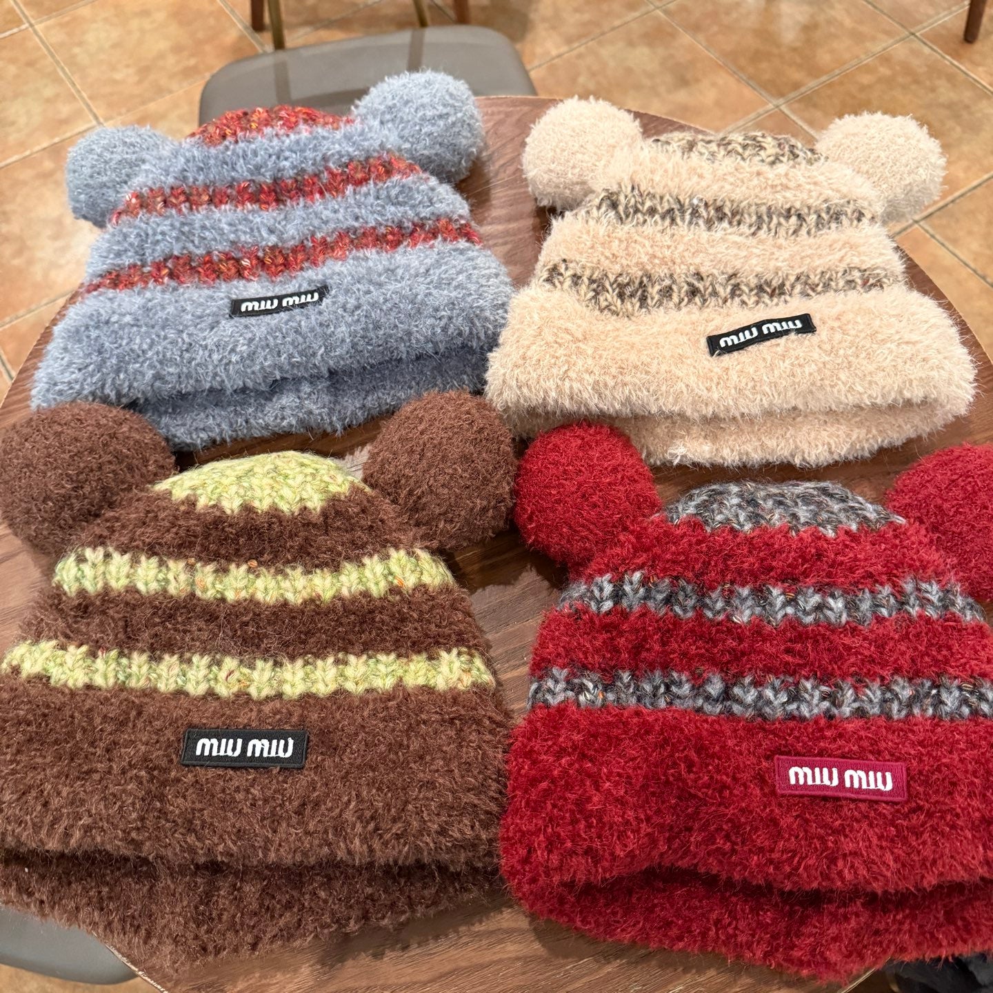 Miu Miu Cute Bear Ears Knitted Beanie - Coldproof Striped Plush Hat