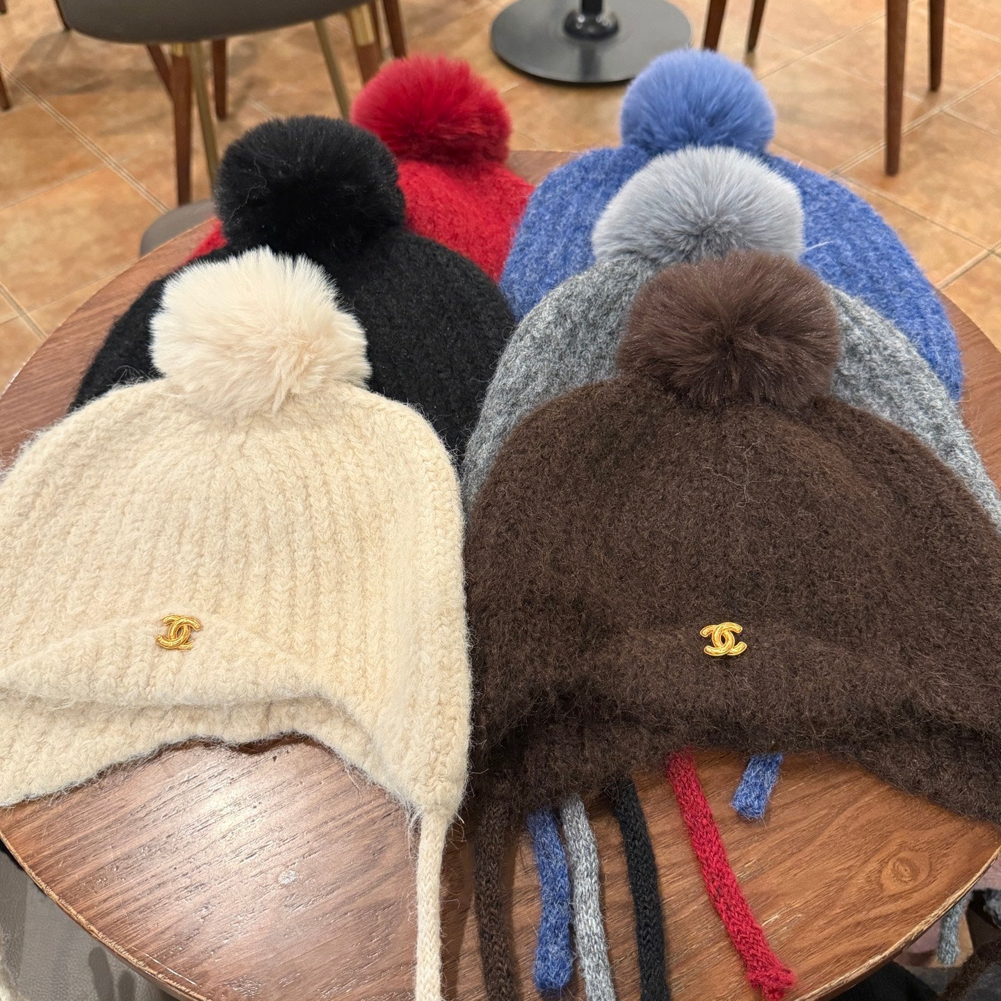 Chic Chanel Knitted Wool Ear Protection Hat with Fur Pom Pom