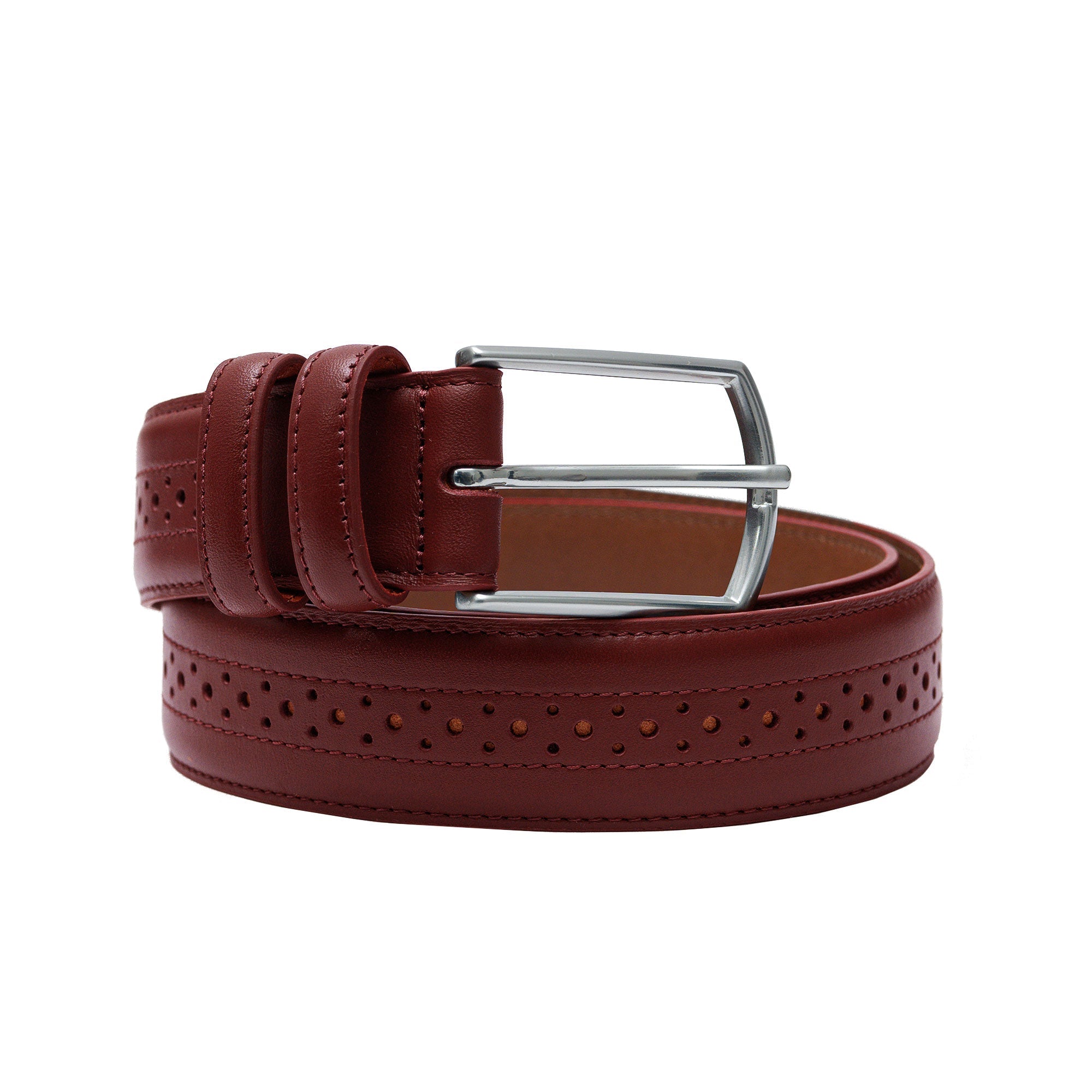Men’s burgundy belt with brogue detail. Crafted in Spain. Match with dress trousers.