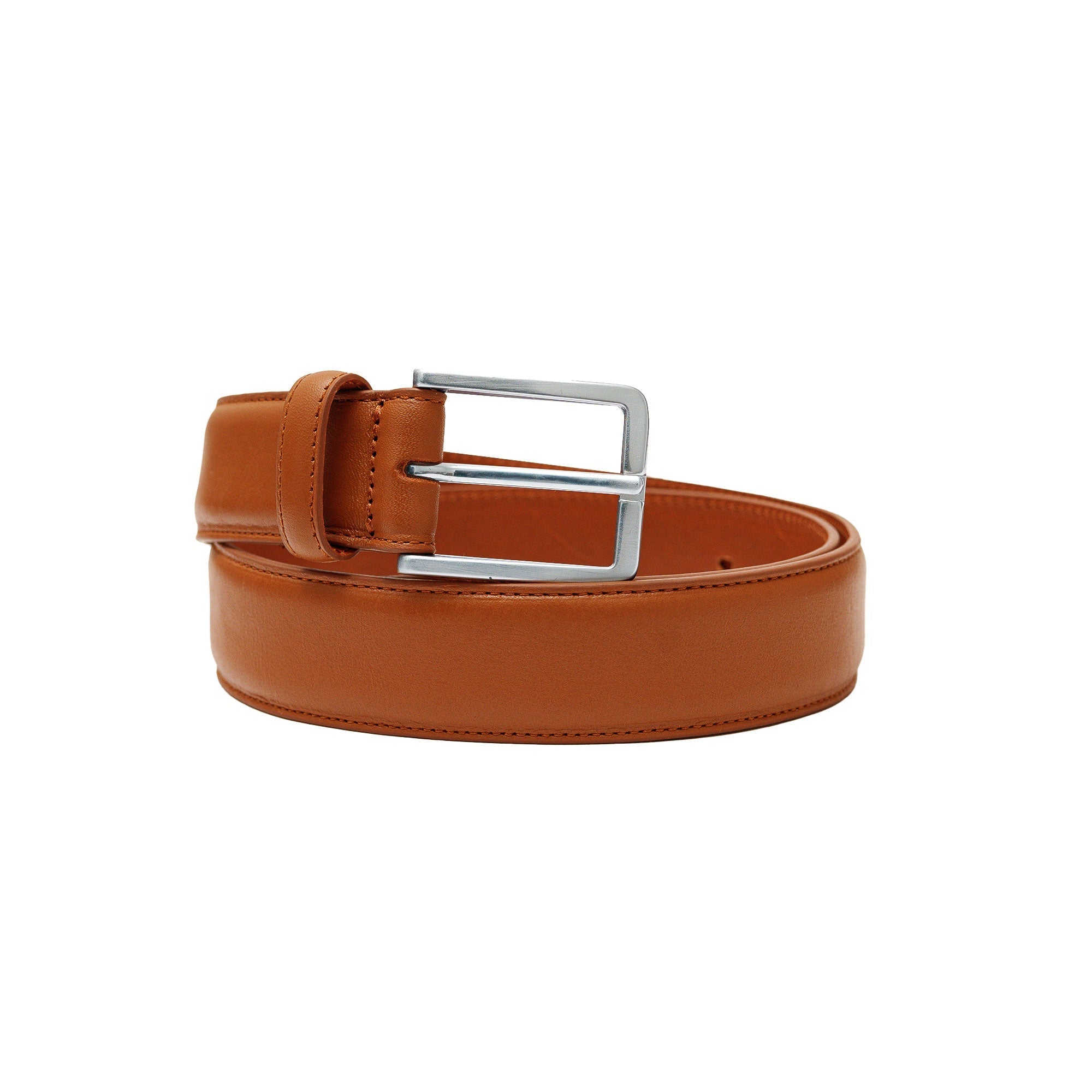 Tan leather belt for men. Artisanal full-grain calfskin for jeans or chinos. Shop now for quality.