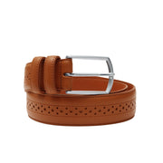 Tan brogue belt for men. Pair with wingtip shoes, dress pants, or tailored suits.