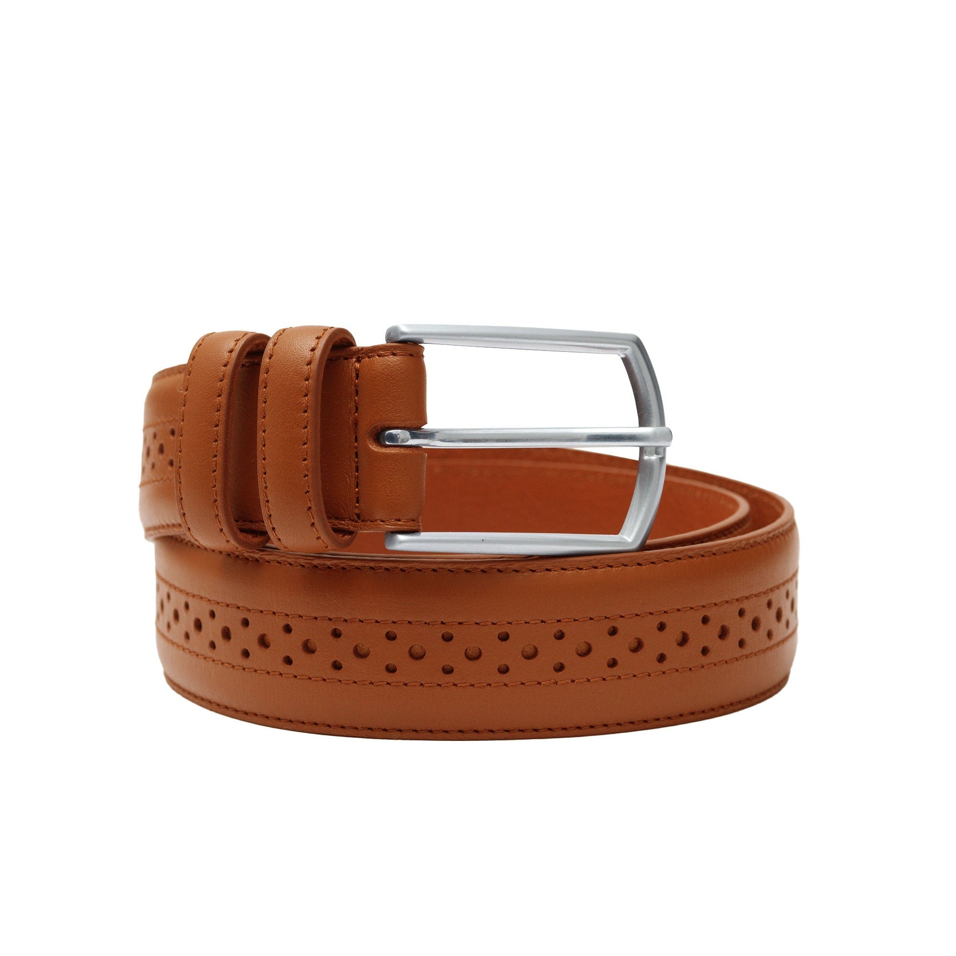 Tan brogue belt for men. Pair with wingtip shoes, dress pants, or tailored suits.